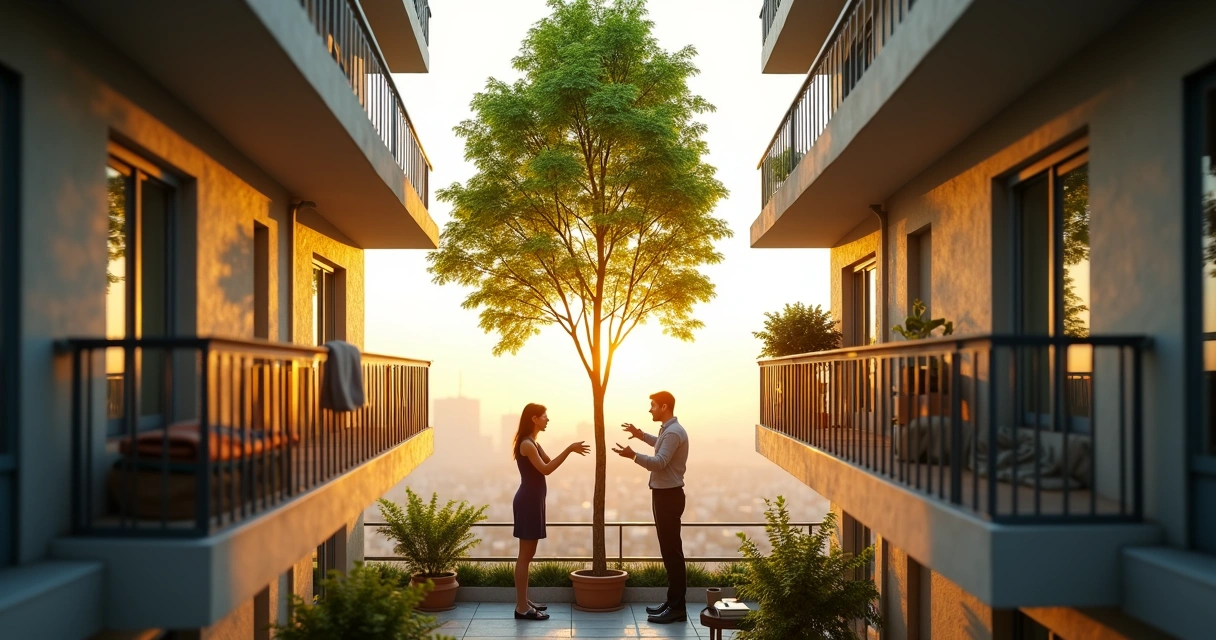 Two people on separate balconies reaching to join hands over a growing tree 