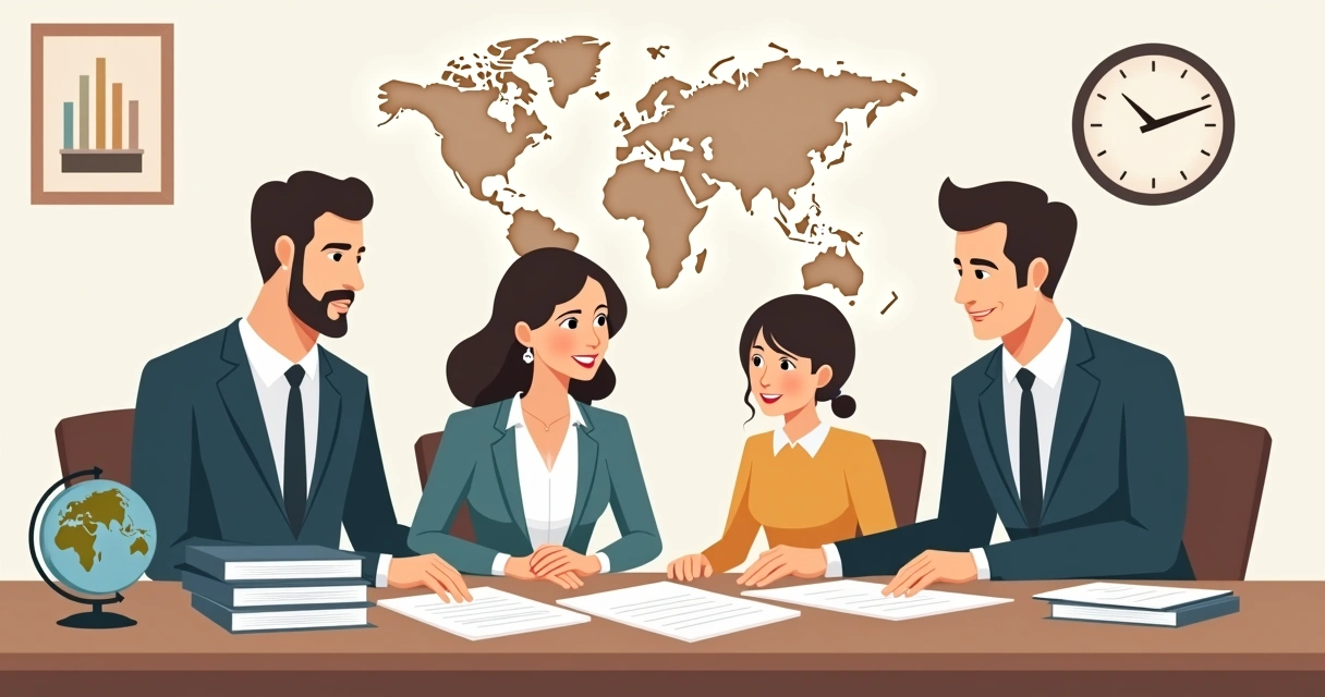 Ilustração de uma família analisando documentos de trust internacional 