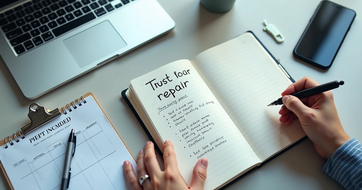Notebook with trust repair steps beside a laptop and calendar 