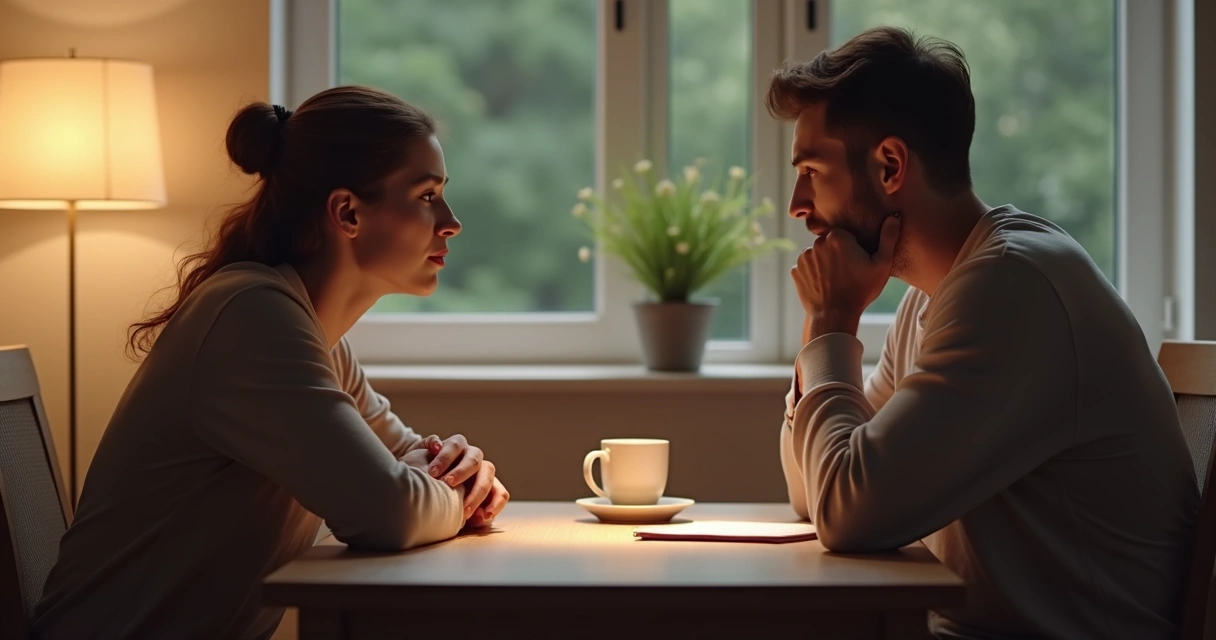 Two people at a table, one listening while the other speaks