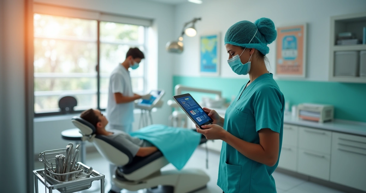 Técnico em saúde bucal em clínica odontológica usando tablet digital ao lado da cadeira odontológica 