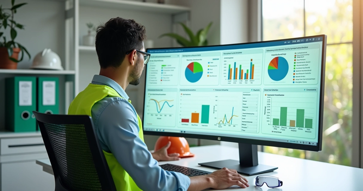 Técnico de segurança analisando PCMSO em dashboard digital com gráficos e documentos de saúde ocupacional 