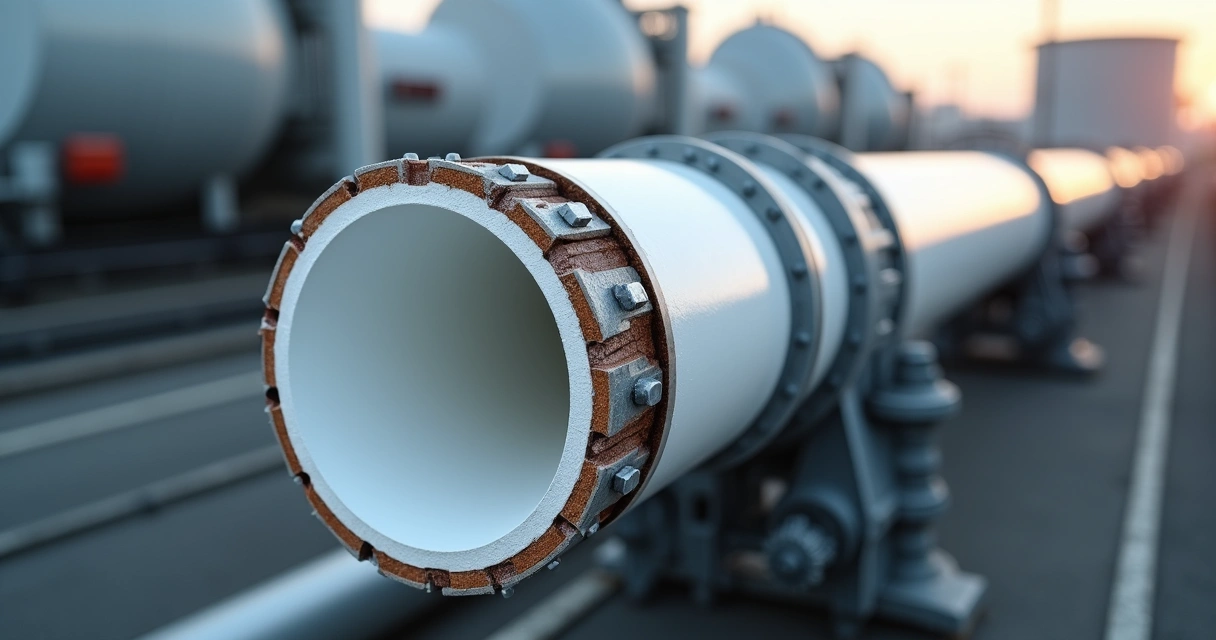 Corte transversal de tubo industrial mostra camada interna de teflon PTFE 
