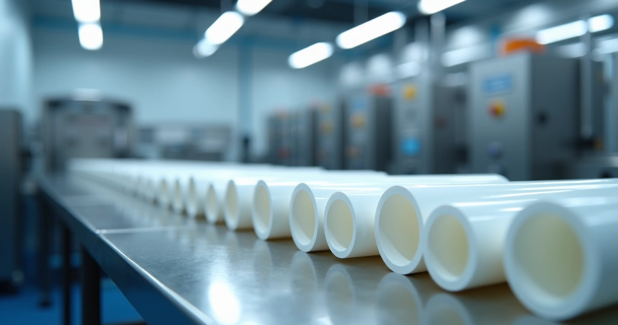 Tubos de teflon PTFE em ambiente industrial com maquinário 