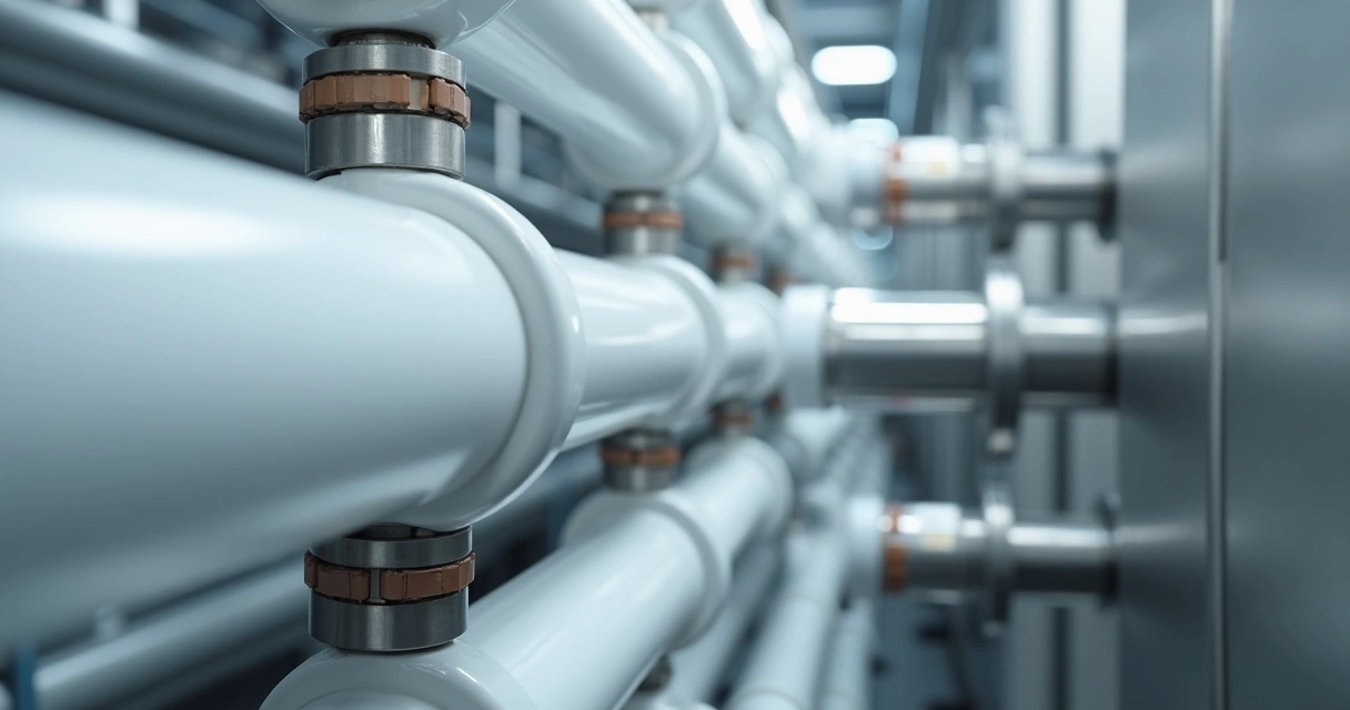 Detalhe de tubos brancos de teflon conectados a equipamentos industriais, com conexões metálicas e fundo desfocado. 