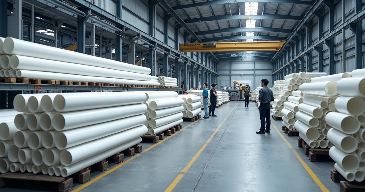 Tubos e tarugos industriais empilhados em um ambiente de fábrica 