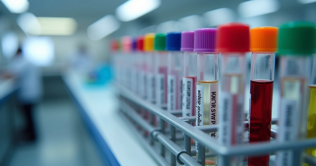 Tubos de sangue coloridos prontos para exames laboratoriais de ISTs.