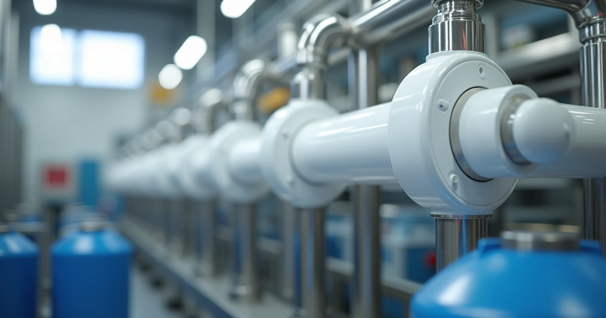 Tubos industriais revestidos com teflon branco em ambiente fabril 
