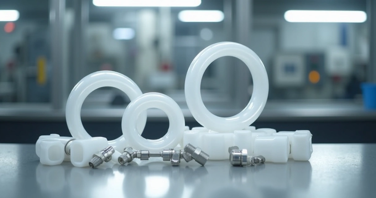 Tubos e mangueiras em PTFE organizados em bancada industrial 