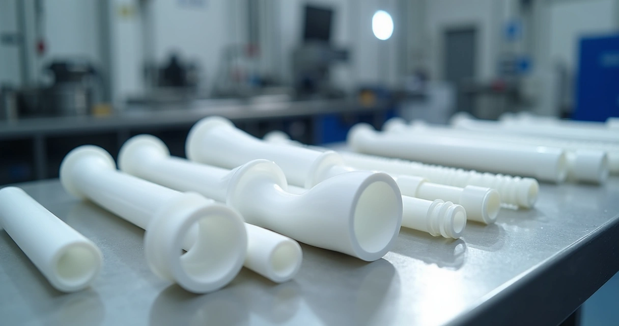 Tubos e peças técnicas em PTFE sobre bancada industrial 