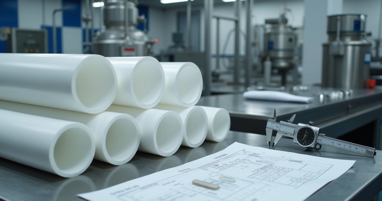 Tubos de PTFE industriais em área técnica 