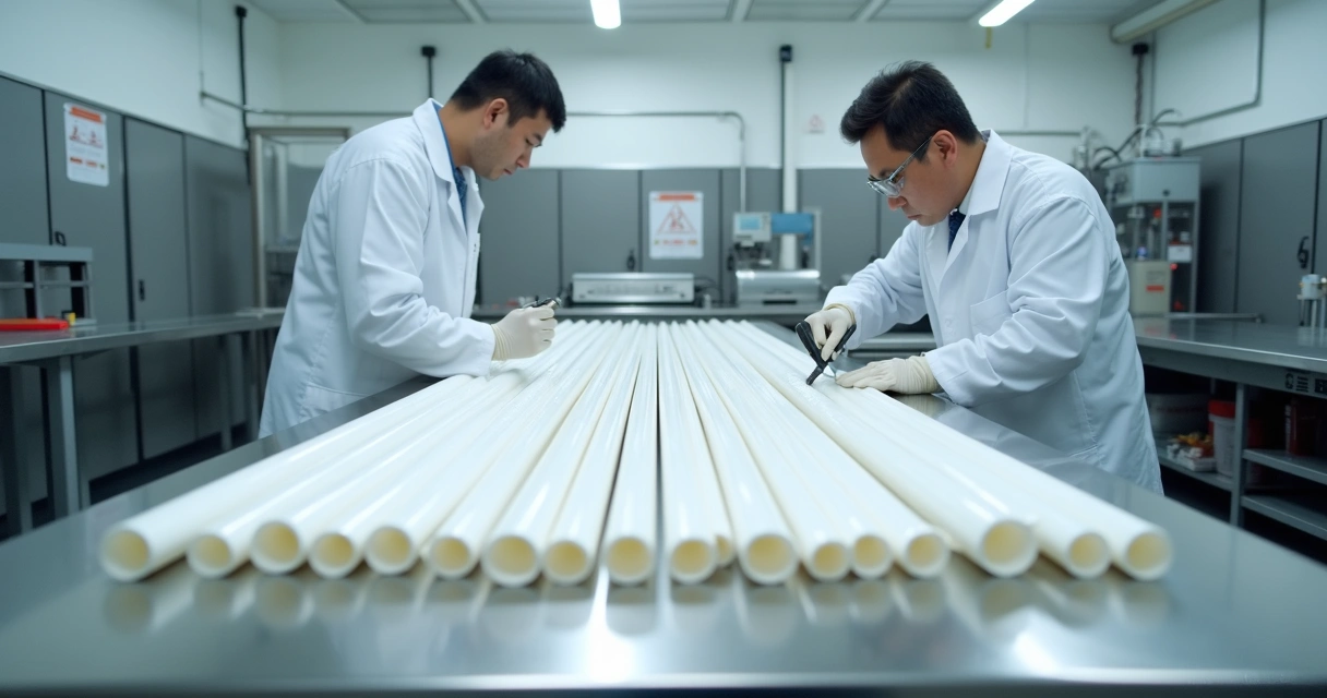 Tubos de PTFE sendo inspecionados em linha de produção industrial 