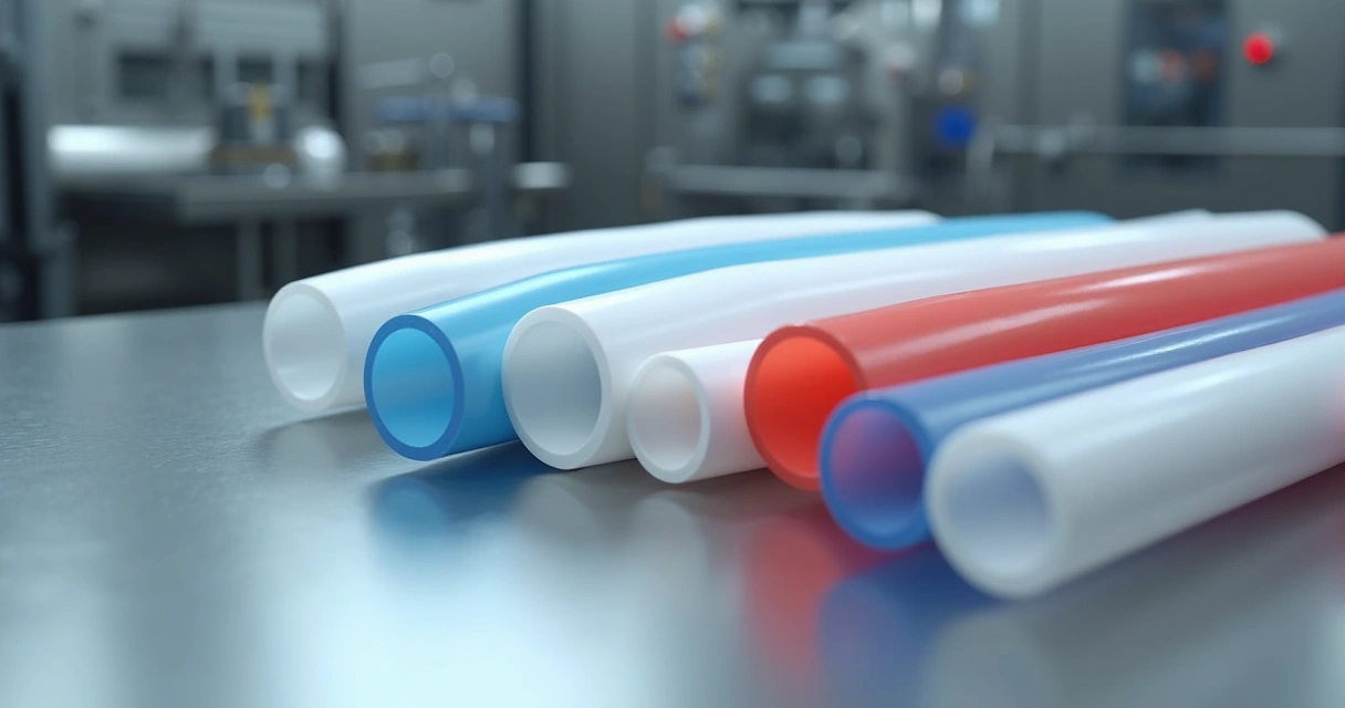 Tubos em Teflon PTFE coloridos alinhados em ambiente industrial limpo 