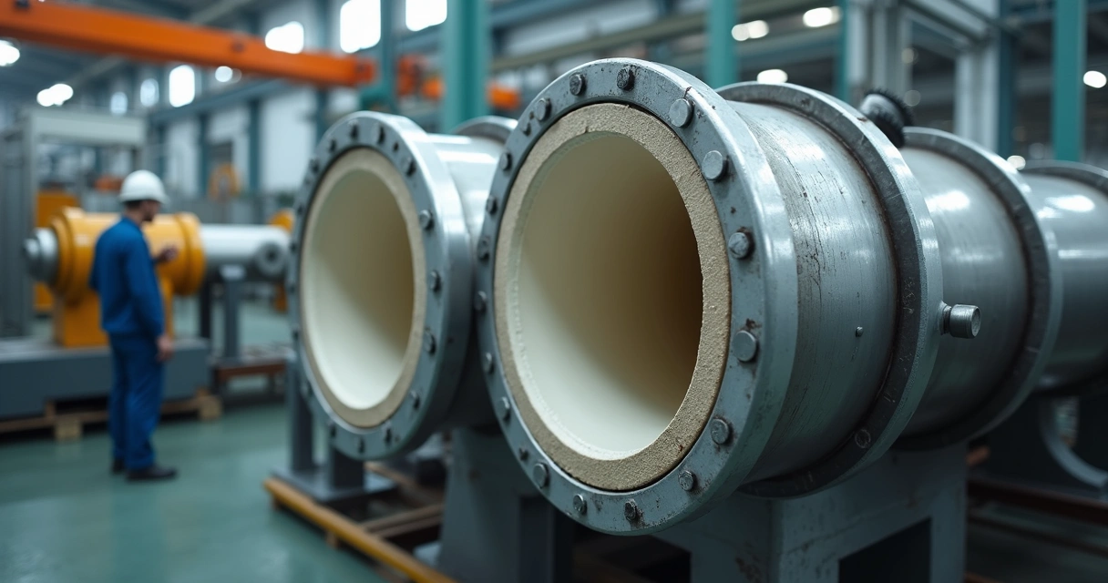Corte transversal de tubos industriais revestidos com Teflon PTFE, mostrando a camada interna branca e ambiente fabril com equipamentos de segurança 