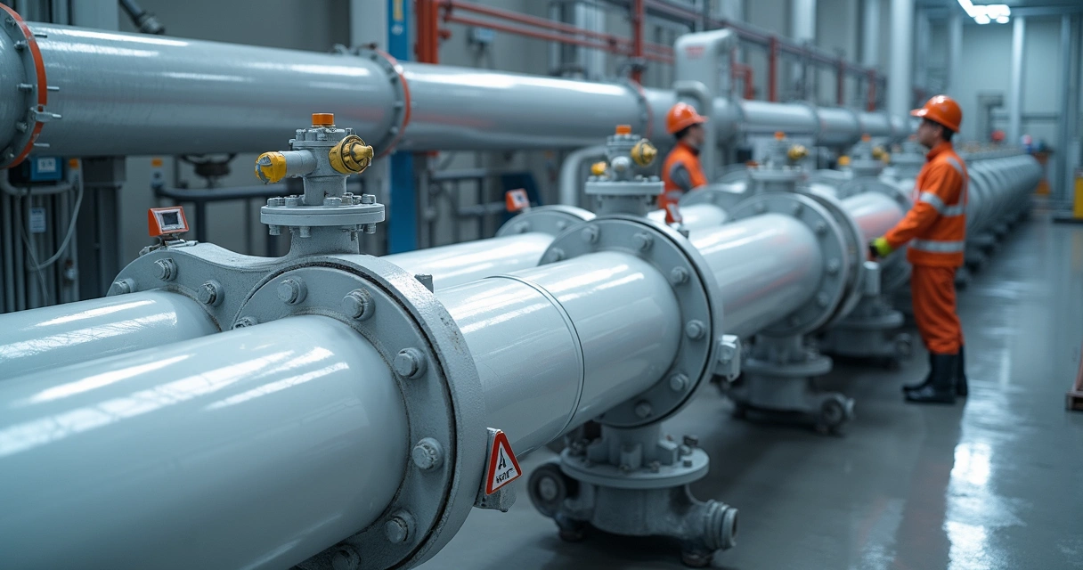 Tubulação industrial de PRFV com revestimento interno em PVC-U, instalada em ambiente fabril 
