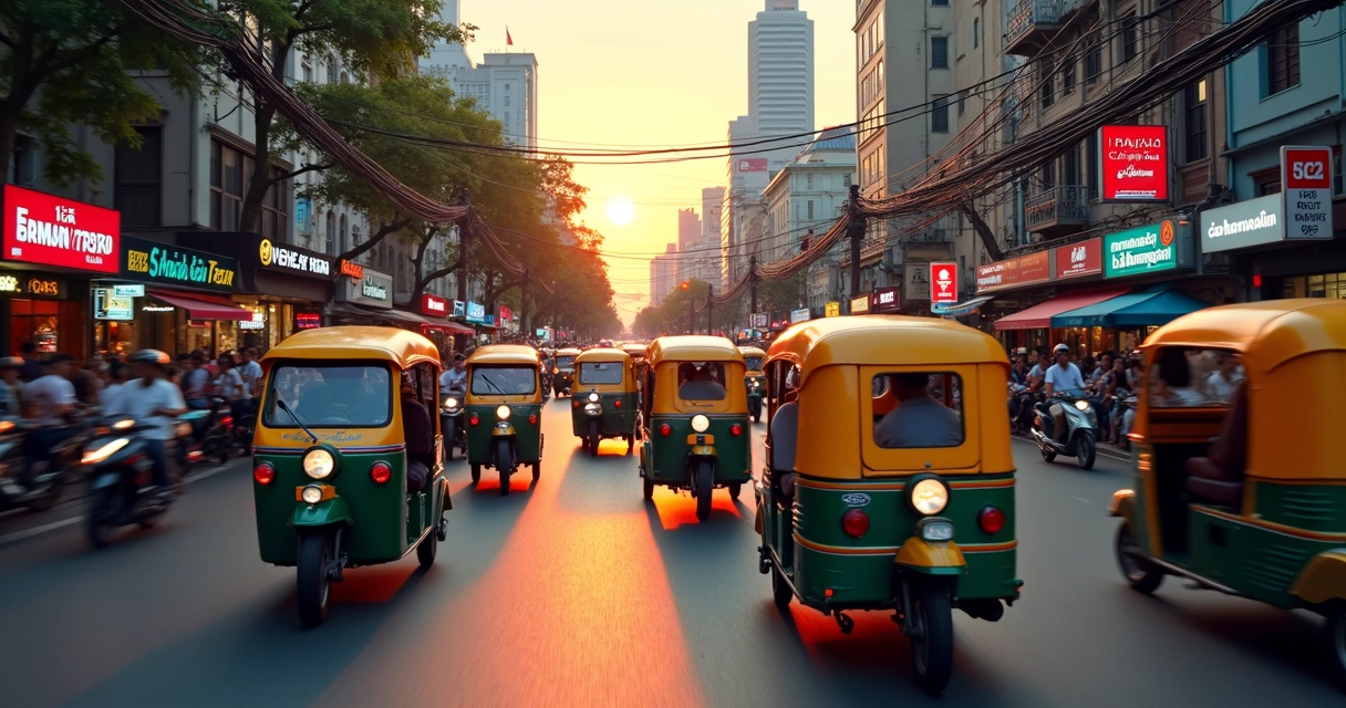 Tuk tuk coloridos circulando nas ruas movimentadas de Bangkok