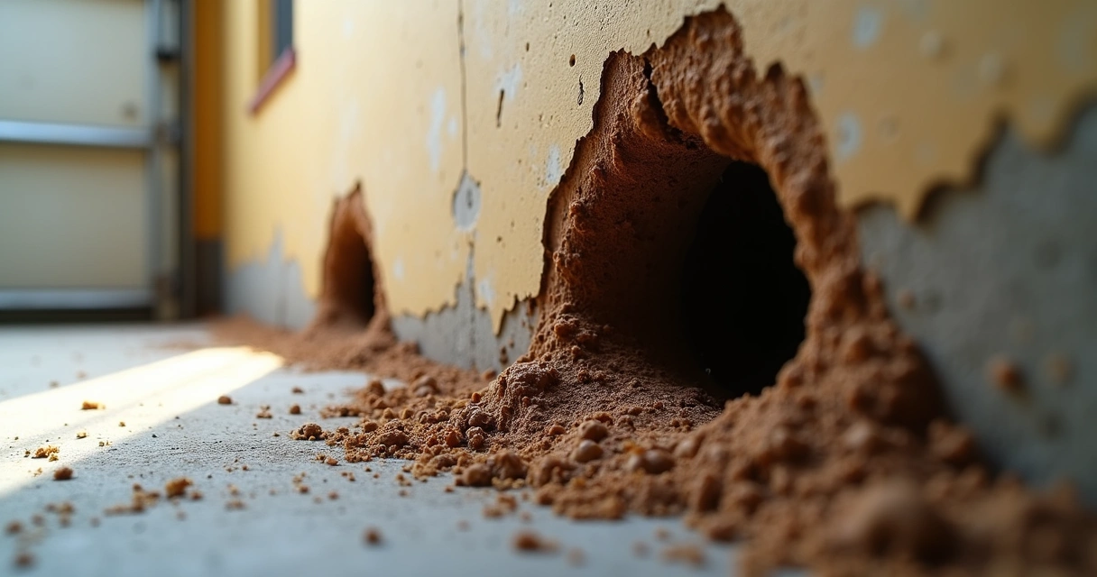 Túnel de terra feito por cupins próximo ao rodapé em garagem 