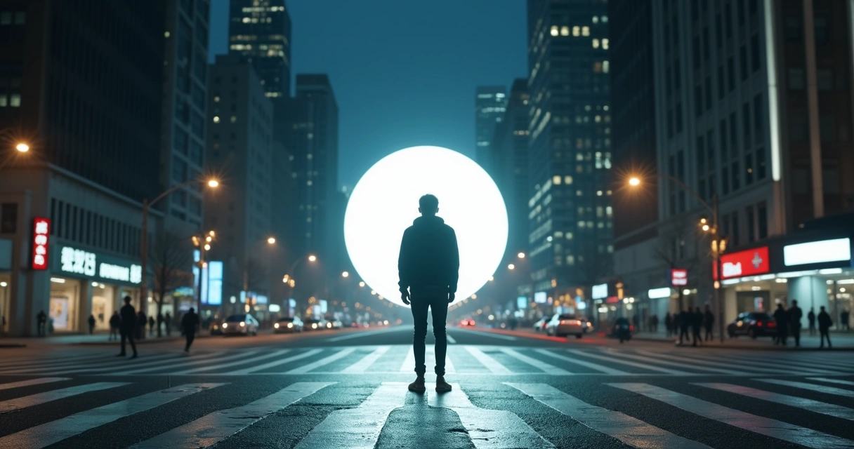Person standing in city street surrounded by sharp spotlight while wider city blurs into darkness 