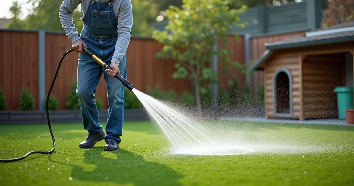 Person spraying artificial turf with a hose for cleaning 