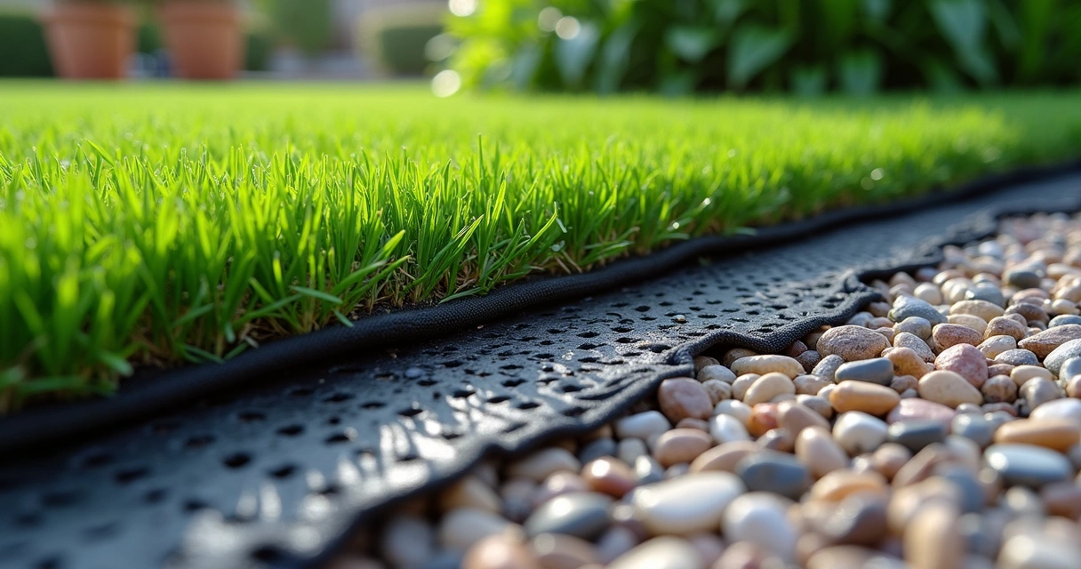 Artificial turf installation with exposed gravel base and drainage pipe