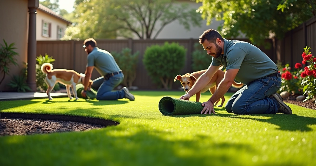 Artificial turf installation with dogs observing in Orlando 