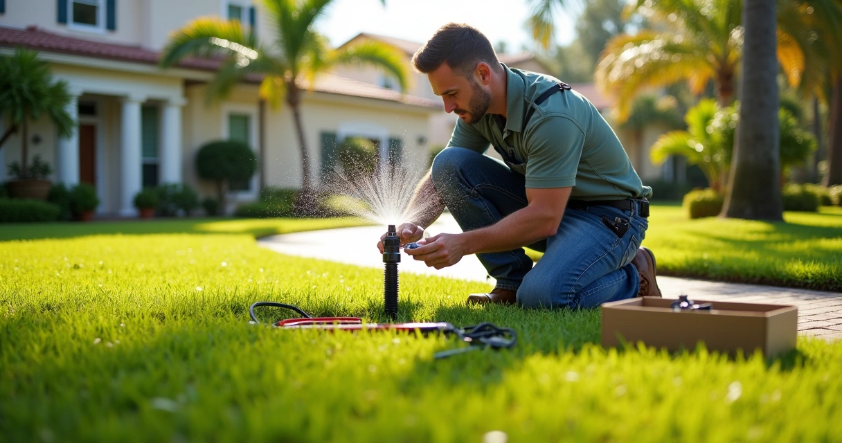 Worker checking turf irrigation heads in Central Florida 