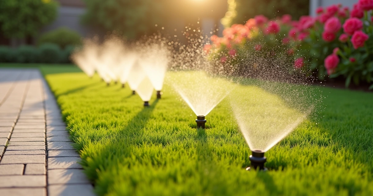 Automatic irrigation nozzles spraying artificial turf lawn in sunlight 