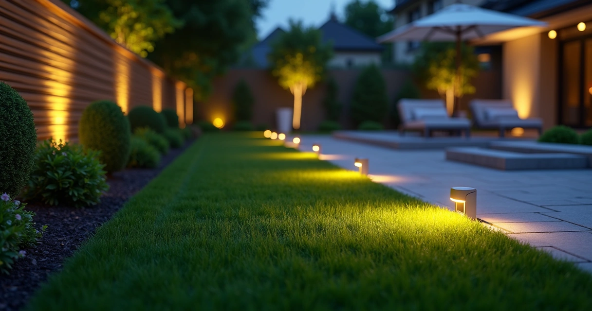 Ground lights installed along edge of turf lawn at dusk 