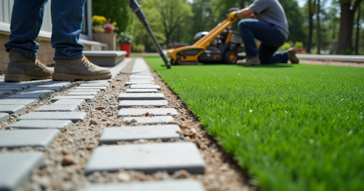 Professional installation of artificial turf next to pavers 