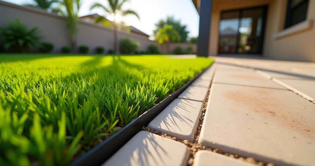 Clean border between artificial turf and paver patio with no weeds in Orlando backyard 