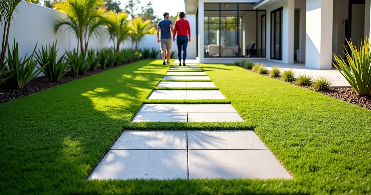 Central Florida backyard walkway with alternating turf and paver strips 