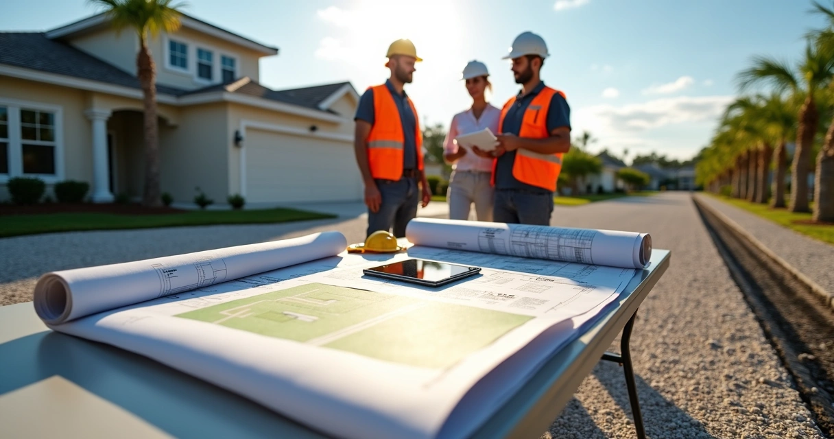 Project manager reviewing artificial turf plans with permit documents 
