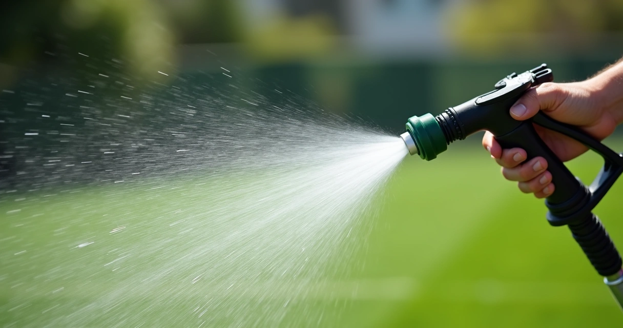 Close-up of pressure washer fan nozzle spraying artificial turf 