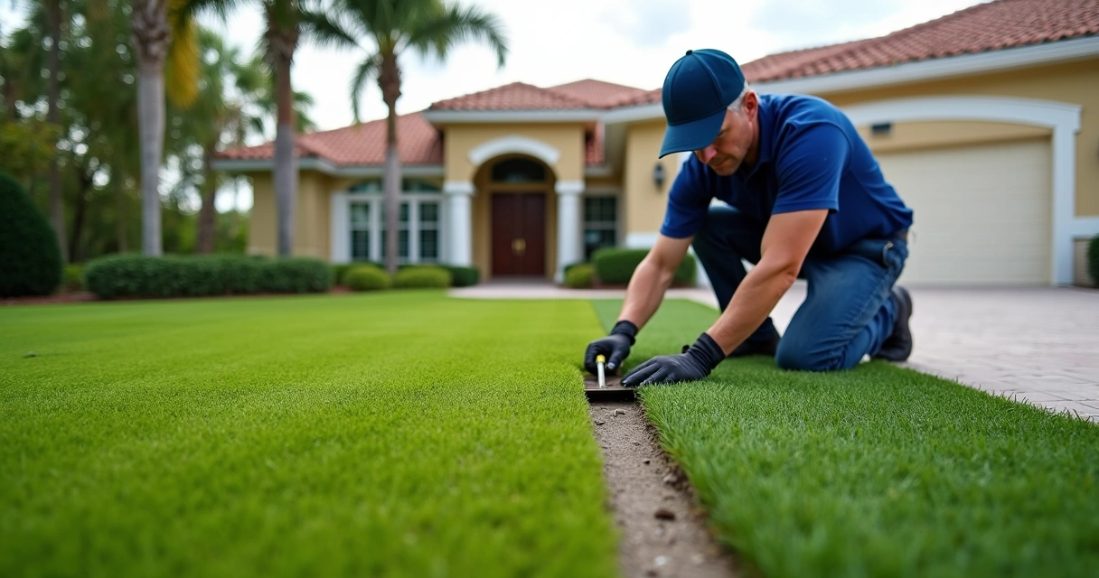 Technician inspecting artificial turf edge in yard 