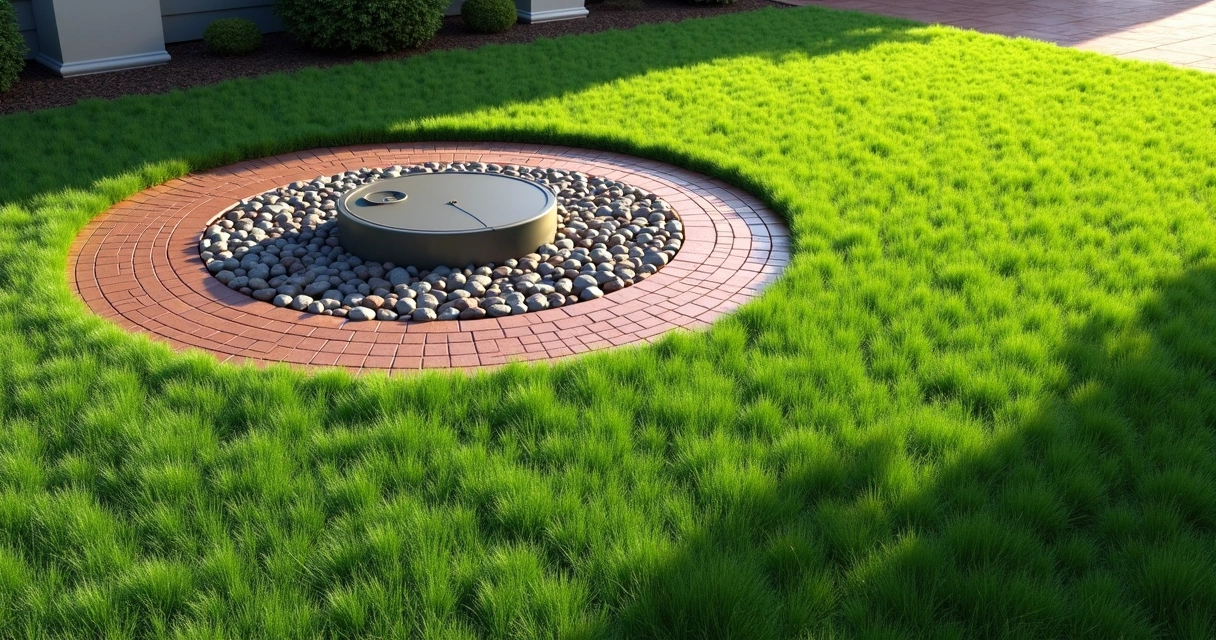 Artificial turf and decorative rocks surround a small gray utility box 