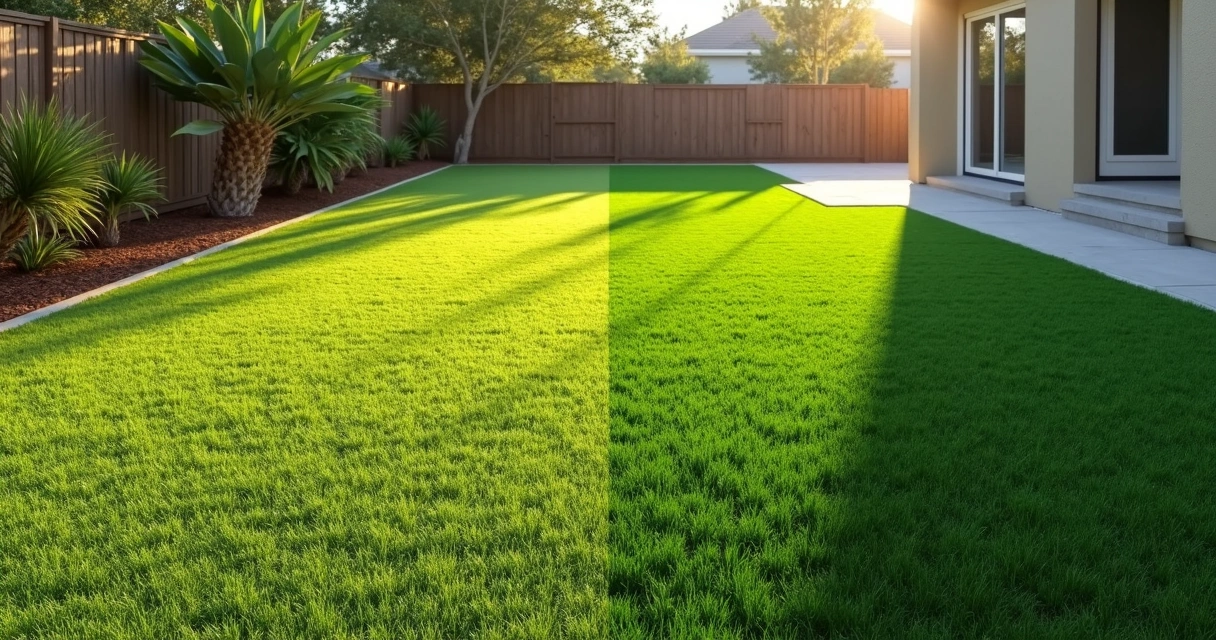 Side-by-side zones of short and long pile artificial turf in a yard 