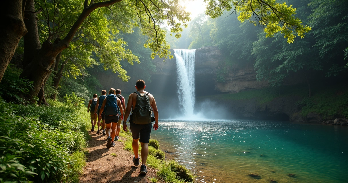 Turistas caminhando em trilha em Bonito com vegetação e cachoeira ao fundo