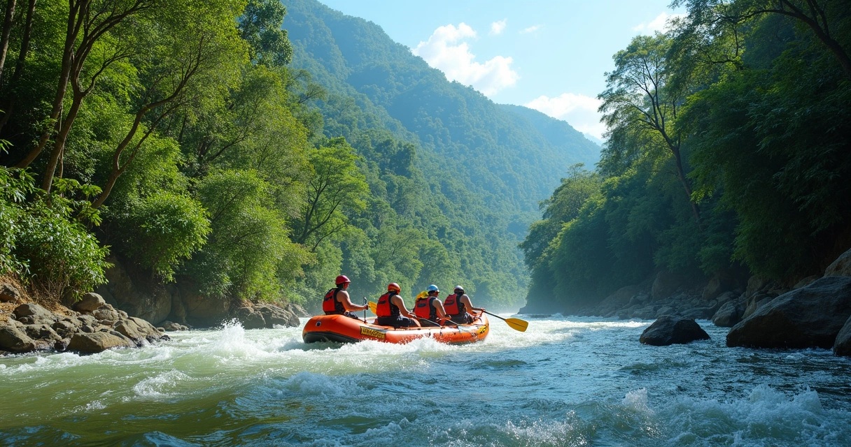 Turistas praticando rafting e trilhas em paisagem natural do Brasil 