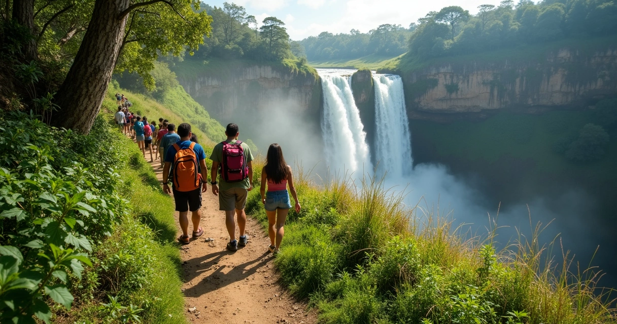 Turistas em trilha na Chapada Diamantina com cachoeira ao fundo 
