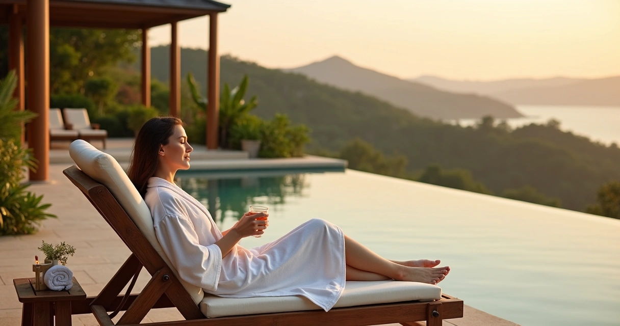 Mulher relaxando em spa ao ar livre cercado pela natureza 