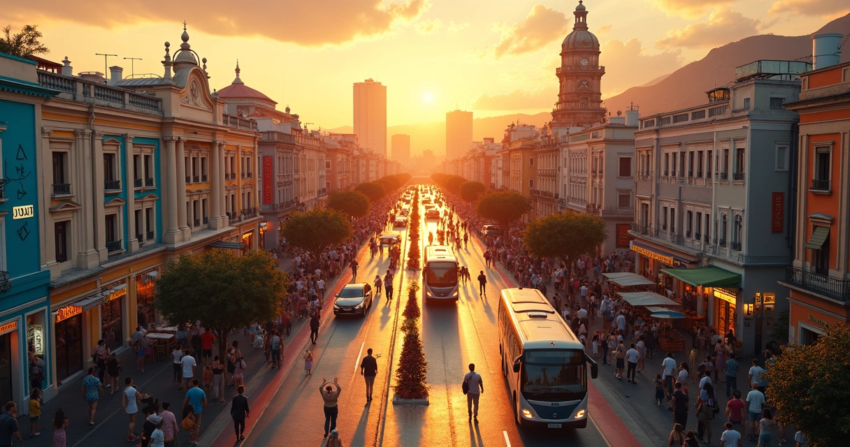 Vista aérea de um destino turístico movimentado, com hotéis, pessoas caminhando e ônibus turísticos 