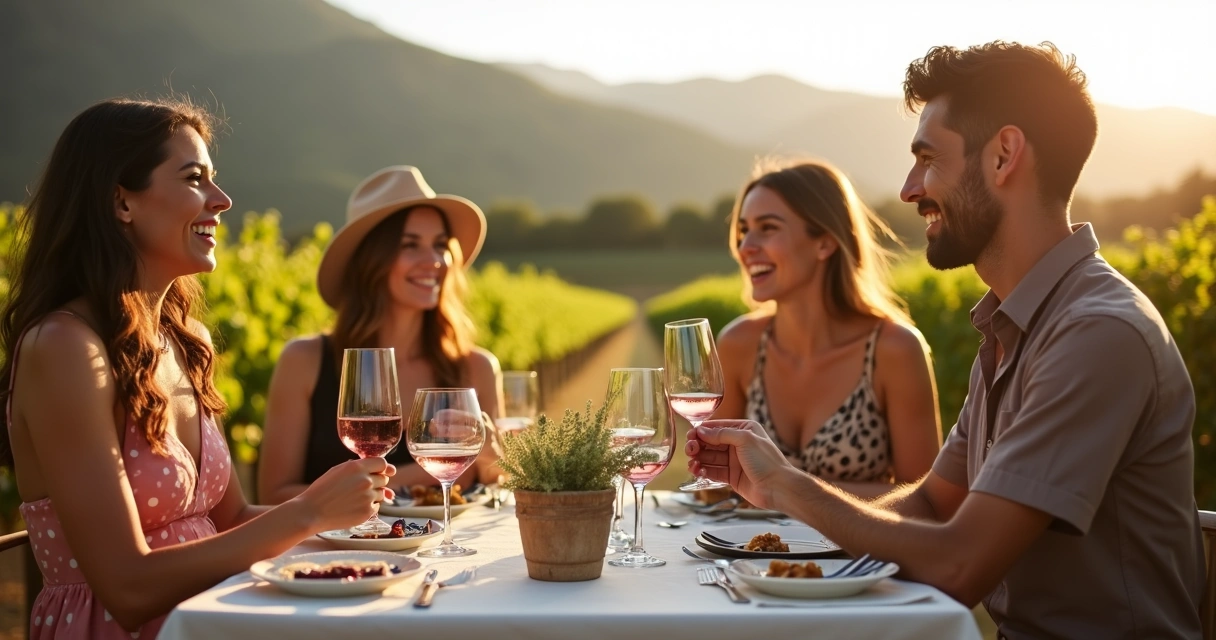 Turistas em tour exclusivo em vinícola vegana com paisagem elegante 