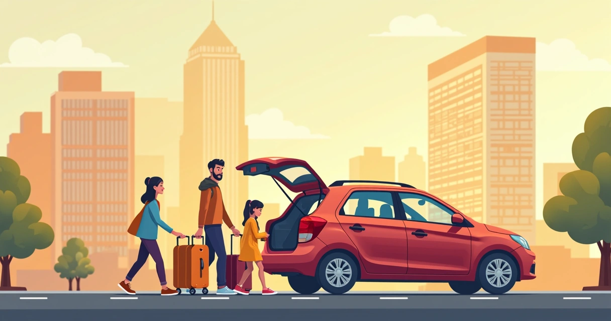 Ilustração de família americana em viagem por estrada, malas, hotel ao fundo, cenário urbano dos EUA