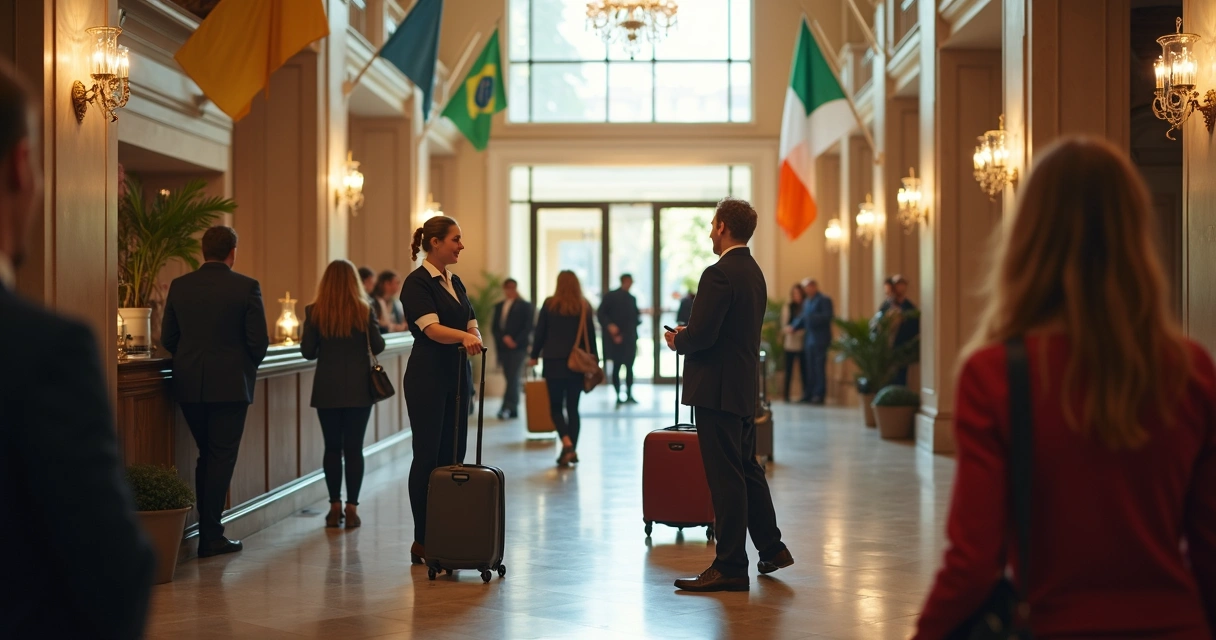 Funcionários de hotel irlandês atendendo turistas 