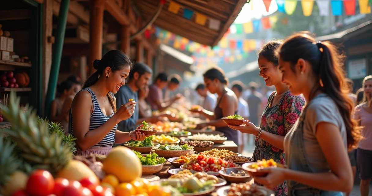 Turistas degustando pratos típicos em mercado local, com vendedores e ingredientes frescos em destaque 