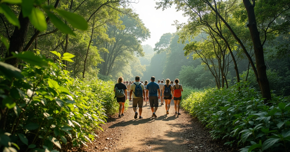 Turistas caminhando em trilha cercada de mata atlântica no Paraná
