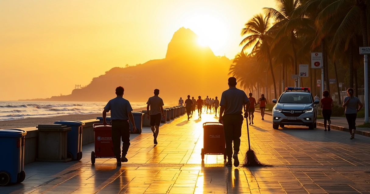 Calçadão de Ponta Negra com limpeza urbana e turistas caminhando. 