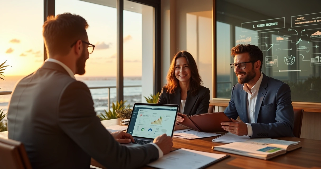 Consultor de turismo premium recebendo casal de clientes em ambiente luxuoso com vista para o mar 