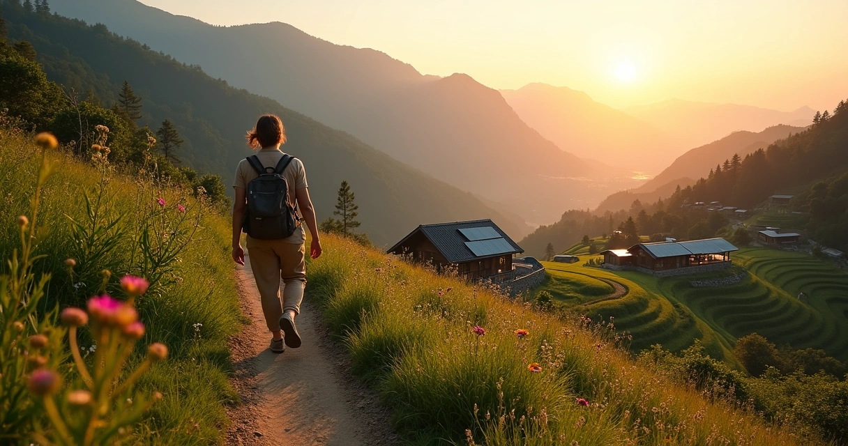 Viajante caminhando por trilha em paisagem natural exuberante ao pôr do sol 