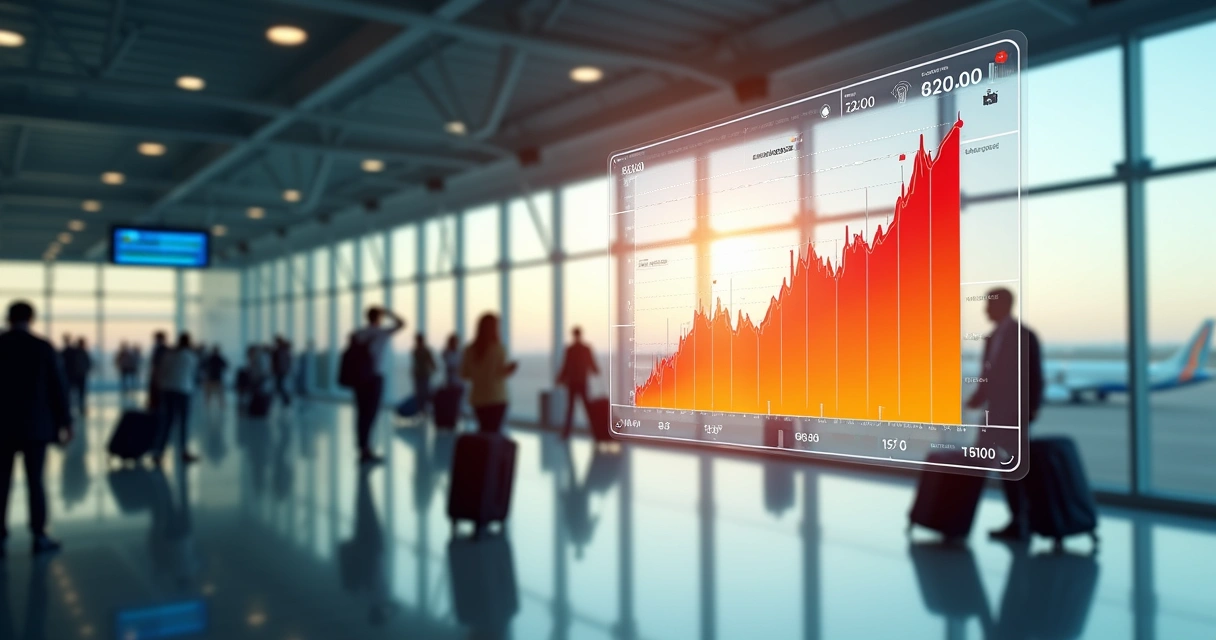 Painel de aeroporto com gráfico financeiro em destaque na frente 